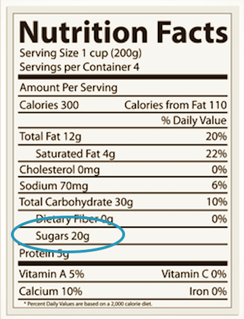 Etiqueta nutricional con el contenido de azúcar marcado en rojo.