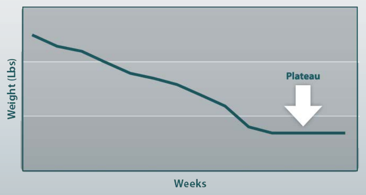 plateau_EN.png A graphical chart shows the weight loss plateau, in which the amount of weight loss holds in a steady flat line after a certain length of time.